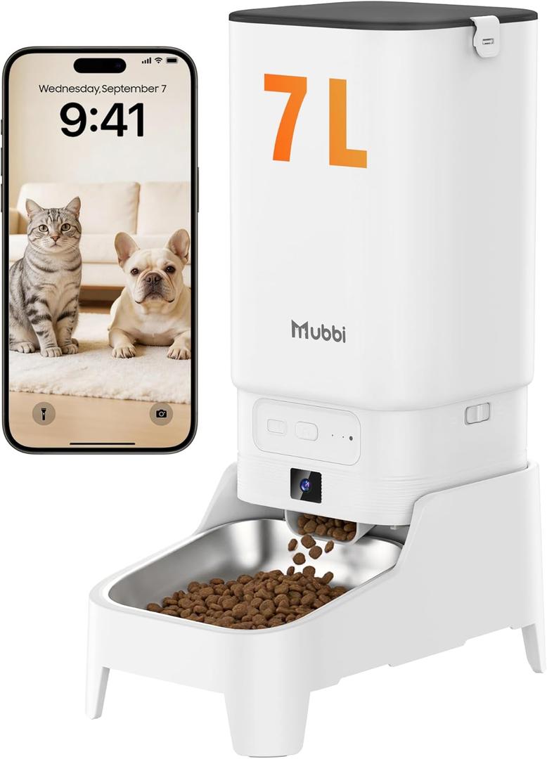 Automatic Cat Feeder with Camera - 7L/29 Cups Auto Dog Feeder with Large Food Tray & 1080P Night Vision, Elevated Bowl, 2-Way Audio, 10s Voice Recording, 5G WiFi Timed Cat Food Dispenser, 1-15 Meals
