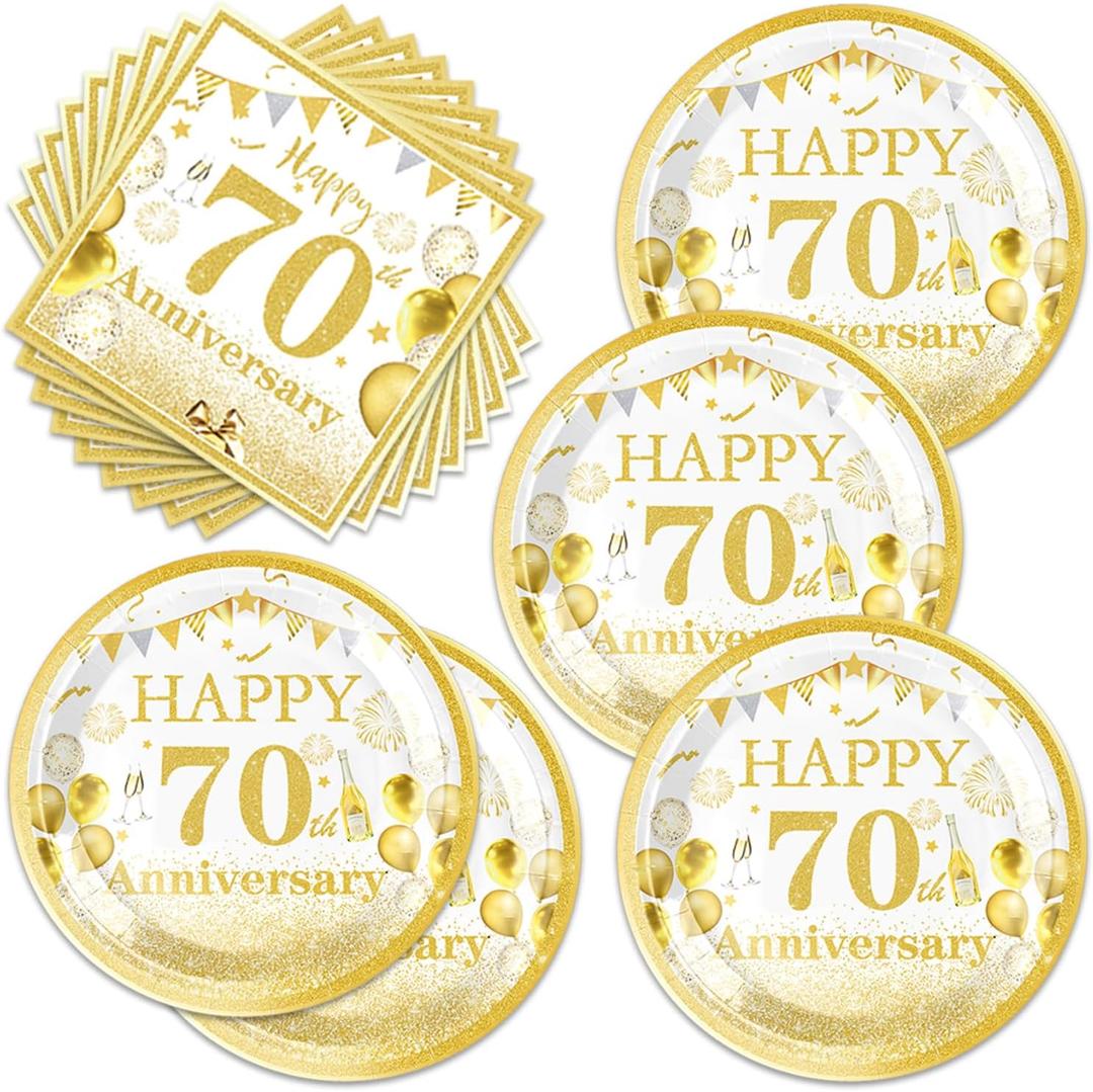 40PCS 70TH ANNIVERSARY BIRTHDAY PARTY SUPPLIES, INCLUDE 20 DESSERT PLATES, 20 NAPKINS, USED FOR WHITE GOLD ANNIVERSARY BIRTHDAY PARTY DECORATION