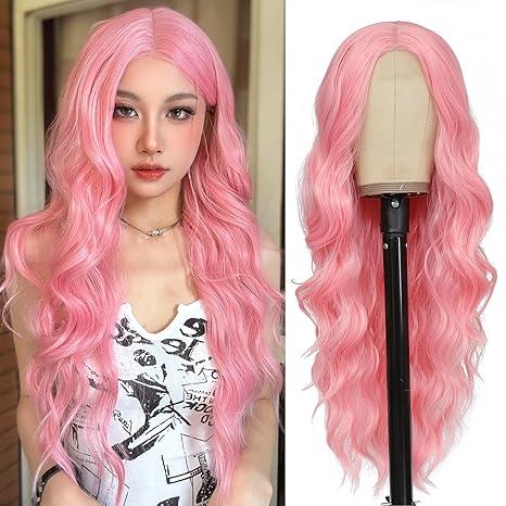 2 Pack NAYOO Long Pink Wavy Wig Middle Part for Women 26 Inch Light Pink Curly Wavy Wigs Natural Looking Synthetic Heat Resistant Fiber Wig for Daily Party Use 