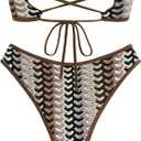 ZAFUL Women Strapless Textured Bandeau Bikini 2 Piece Swimwear Cheeky Solid Lace up Bathing Suits (M)