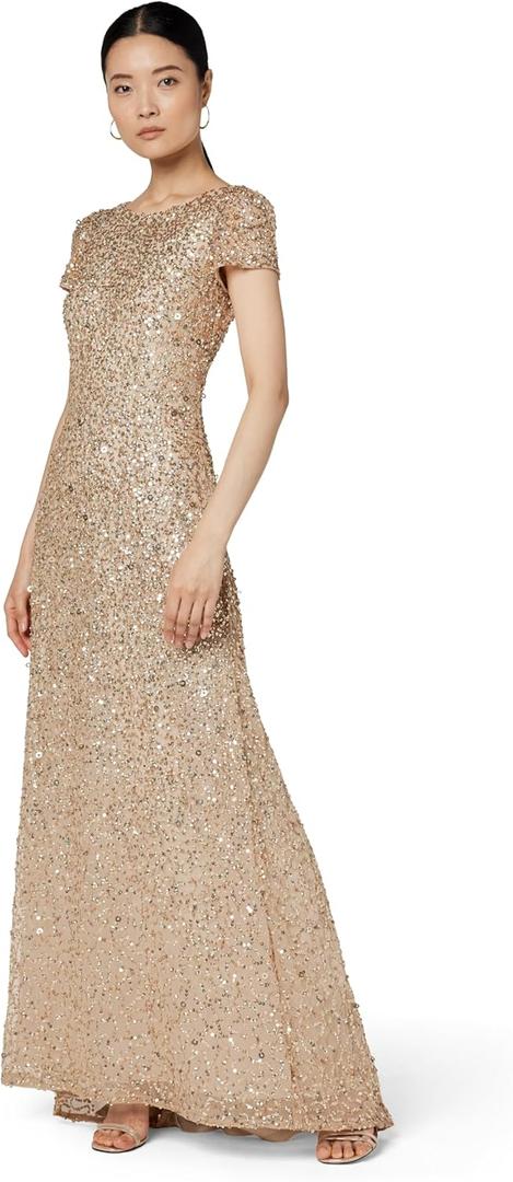 Adrianna Papell Womens Short-Sleeve All Over Sequin Gown (12, Champagne/Gold)