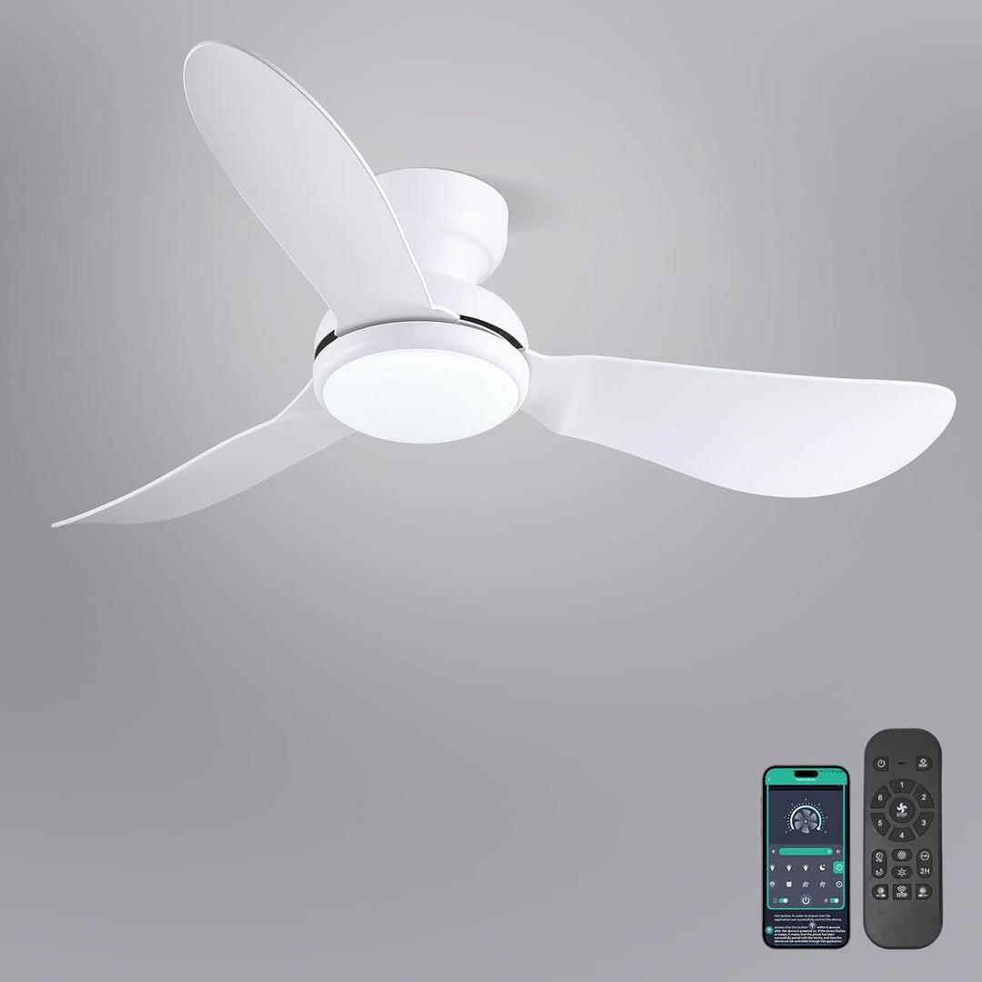 Kviflon 46 Inch Ceiling Fans with Lights, Small Flush Mount Ceiling Fan, Remote/APP Control, 3 Reversible Curved Blades, 6 Speeds, 3 CCT Dimmable Lights for Bedroom, White