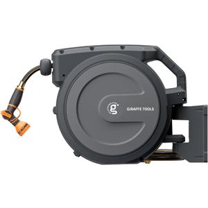 Giraffe Tools Retractable Garden Hose Reel 5/8 inch x 90 ft Hose Reels for Outside, Wall Mounted Water Hose Reel with 180 Deg Swivel Bracket, Any Length Lock, 9 Pattern Hose Nozzle