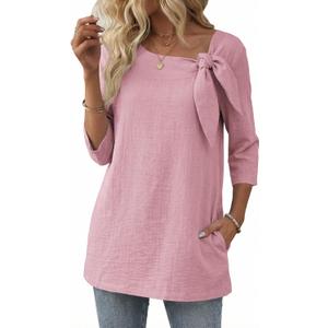 Summer Tunic Tops for Women 3/4 Sleeve Linen Blouse with Pockets & Bow Tie Neck Ladies Tops for Brunch Casual Wear (Large, Pink)
