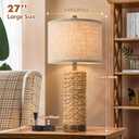 Rattan Table Lamp for Living Room with 2 USB Ports, 27In Tall Bedroom Table Lamp with Hand-made Seagrass Base, Rustic Farmhouse Large Bedside Nightstand Lamp for End Table, E26 Socket, Rotary Switch