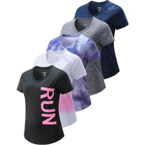 5 Pack: Women's Dry Fit Short Sleeve T Shirts, Athletic Workout Tee Tops for Gym Yoga Running (Large, Navy/Black/Dark Gray/Printed/White Gradient)