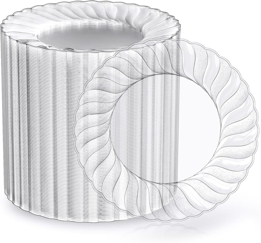 FOCUSLINE 100 Count 6 Inch Clear Plastic Plates, Disposable Heavy Duty Salad Dessert Plates- Premium Hard Plastic Plate Fancy Disposable Clear Plate for Weddings, Parties and Events