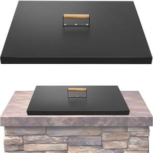 Fire Pit Lid Square 28", Heat Resistant Metal Firepit Cover with 2 Wooden Handles for Square Patio Fire Pit, Compatible for Firepits Inside Dia Up to 26"