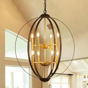 23.6''Black Gold 8-Light Globe Chandelier, Modern Industrial Adjustable Hanging Ceiling Pendant Light Fixture for Entryway Foyer Stairway Hallway Bedroom Living Room Kitchen Island