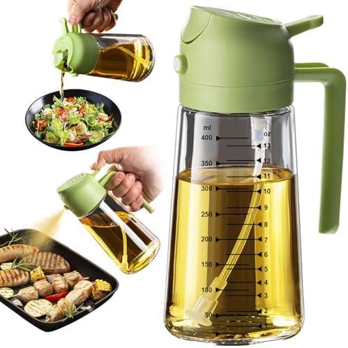 TrendPlain 16oz/470ml Glass Olive Oil Sprayer for Cooking – 2 in 1 Olive Oil Dispenser Bottle for Kitchen Gadgets and Air Fryer Accessories, Salad, BBQ - Green