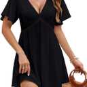 BMJL Women's Swimsuit Coverup V Neck Beach Cover ups Short Sleeve Flowy Bathing Suit Cover up(Black,M) (Black, M)