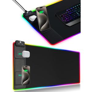 XXL Mouse Pad with Phone Holder  Black, RGB Desk Mat with 15W Fast Charging, LED Gaming Mousepad with 11 Light Colors, Waterproof NonSlip Pad for Office & Home