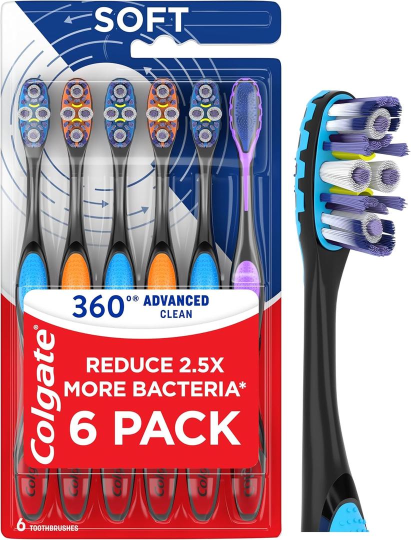 Colgate 360 Advanced Clean Adult Soft Toothbrush Pack, 6 Soft Bristled Toothbrushes with Cheek and Tongue Cleaner, Helps Clean Your Teeth, Tongue, Cheeks, and Gums, 6 Pack