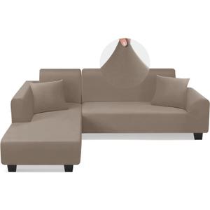 KinCam Sectional Couch Covers L Shape Sofa Covers Super Stretch 2pcs Sofa Slipcovers for 3 + 3 Seaters Sectional Chaise Slipcover with 2pcs Pillow Covers for Pets Kids, Taupe