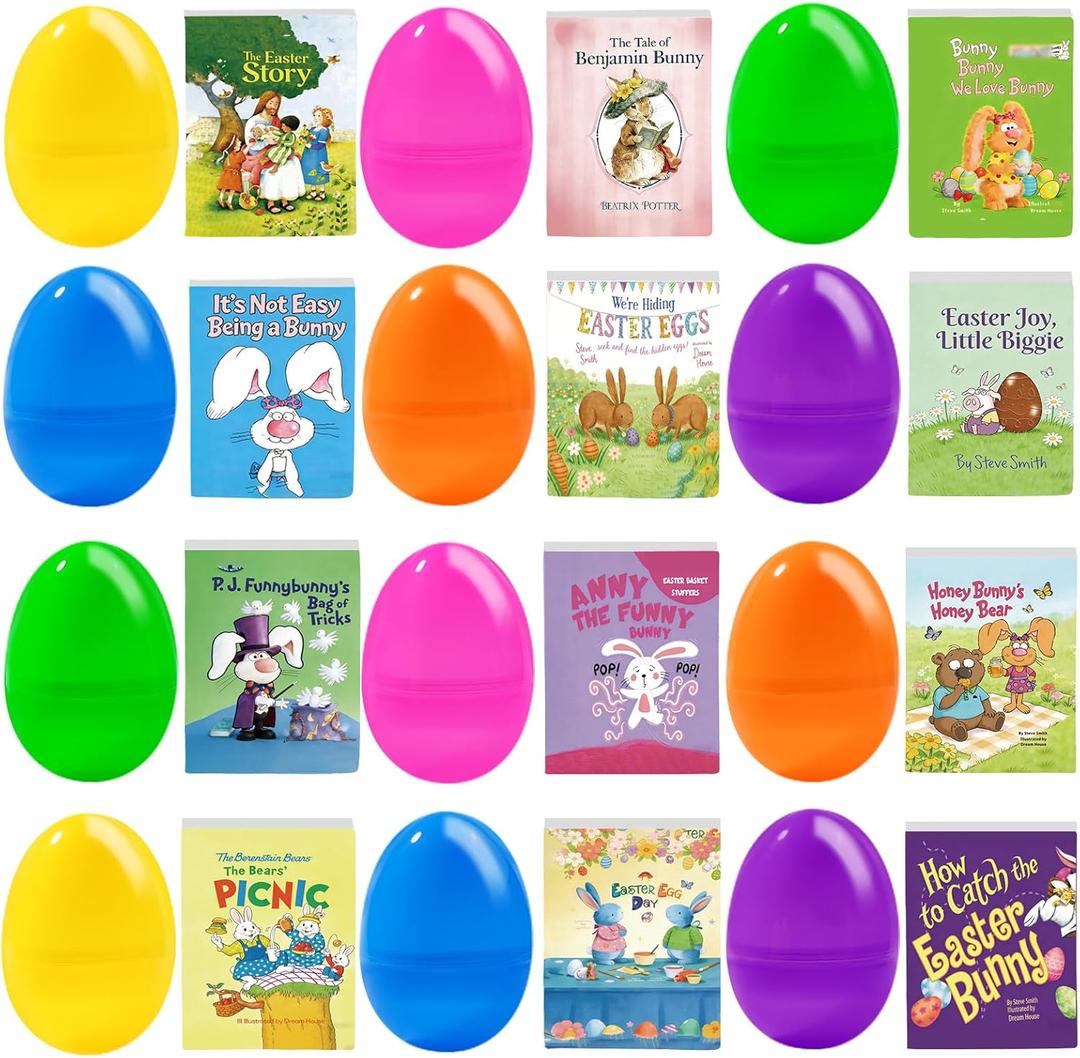 DIYDEC 24Pcs Filled Easter Eggs with Mini Books, Miniatures Dollhouse Books for Anxiety Bookshelf Easter Dollhouse Decor Accessories for Kids Adults Basket Stuffers Party Favors Classroom Prizes Gifts