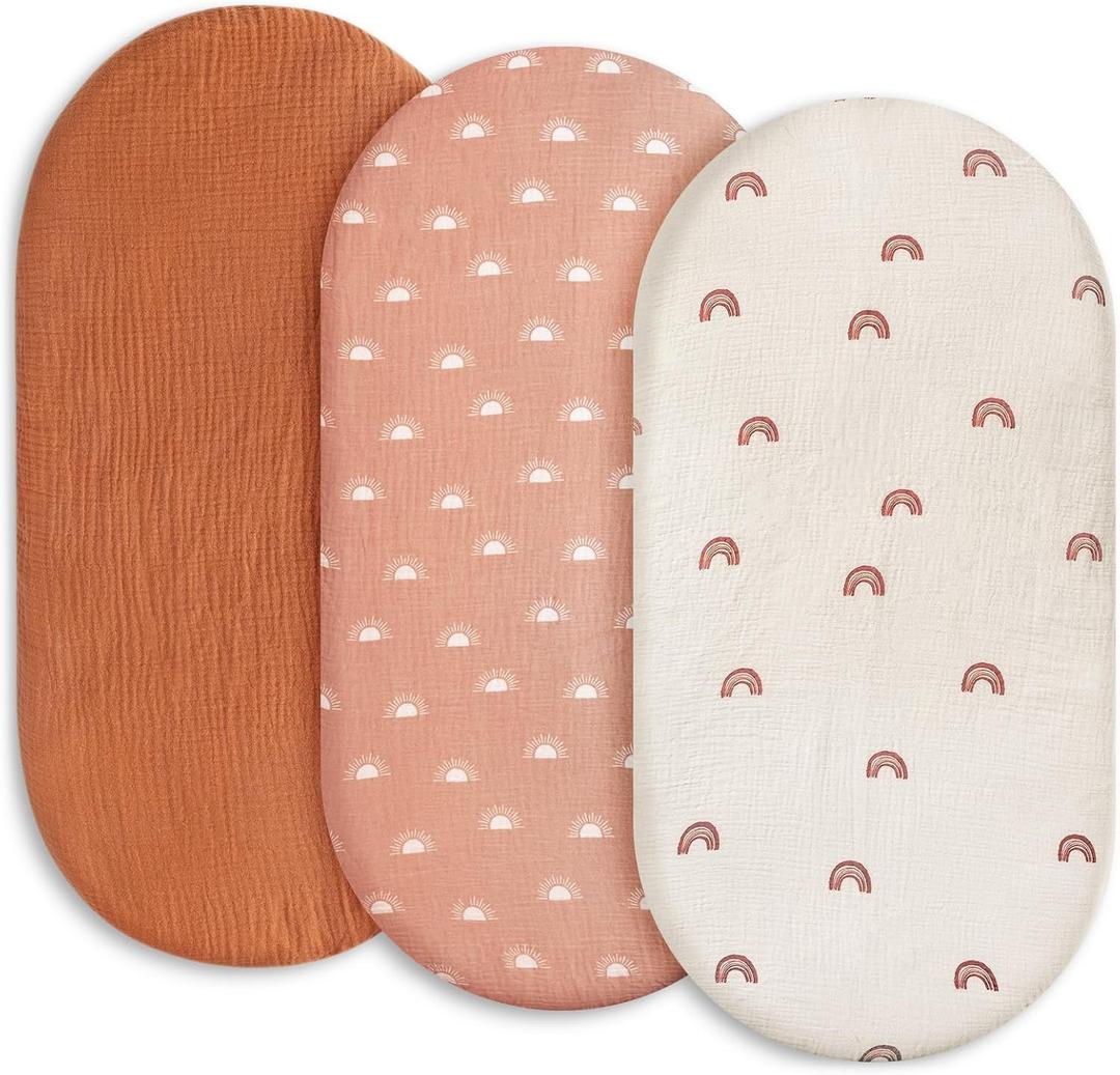 Gllquen Baby Muslin Bassinet Sheets 3 Pack, Breathable Elastic Cozy Fitted Cotton Bassinet Mattress Sheet for Baby Boy Girls, Fit for Hourglass Oval Rectangular Cradle Pad Sheets 33"x17"(Rainbow) (Red)