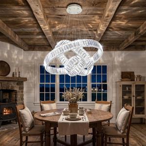 Modern 3 Ring Chandelier Crystal Chandeliers for Dining Room Round LED Dimmable Ceiling Light Fixture for Living Room Bedroom Lighting Silver
