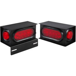 2Pcs Trailer Lights Welded Mount Steel Boxes Housing Kit W/License Plates, 6" Inch Oval Led Trailer Tail Lights + 2" Inch Round Led Side Markers Red Flush w/Grommet Plugs Wire Pigtails