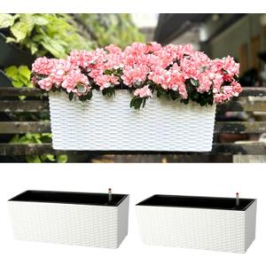 LaLaGreen Outdoor Rail Planter for Balcony (20 Inch, 2 Pack) Large White Self Watering Railing Planters with Brackets, Rectangular Plastic Fence Modern Window Boxes Designer Choice with Rattan Pattern LaLaGreen Outdoor Rail Planter for Balcony (20 Inch, 2 Pack) Large White Self Watering Railing Planters with Brackets, Rectangular Plastic Fence Modern Window Boxes Designer Choice with Rattan Pattern