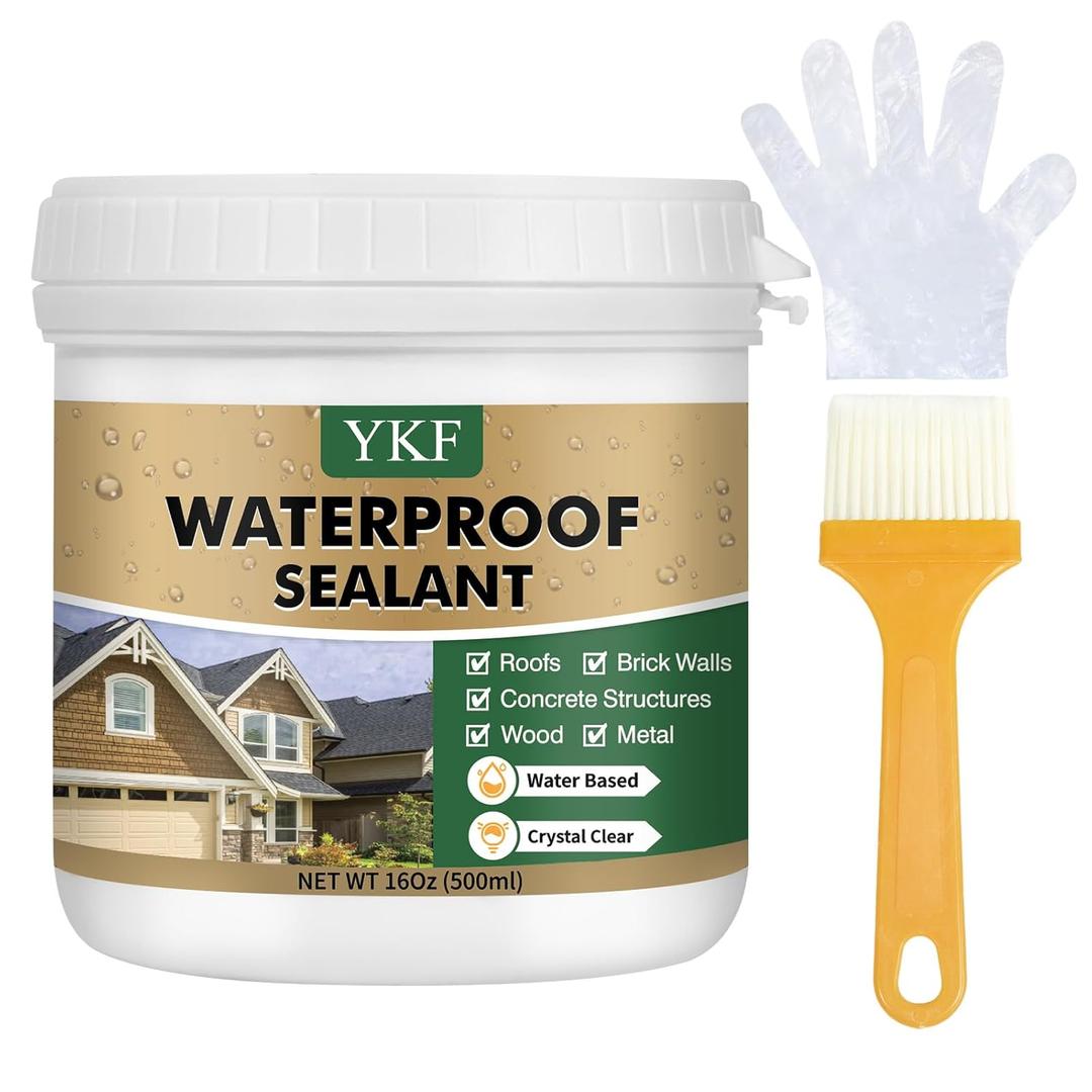 YKF Transparent Waterproof Sealant 16 Oz, Clear Water-Based Invisible Leak Repair Coating for Roofs, Walls, Bathroom, Shower, Kitchen, Indoor & Outdoor Waterproof Coating