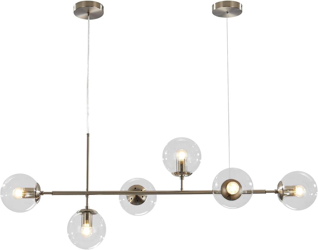 KCO Lighting 6 Light Bubble Glass Pendant Light Mid Century Modern Globe Sputnik Chandelier Linear Chandelier Lighting Brushed Nickel Hanging Light Fixture for Kitchen Island Dining Room (Silver+Clear)