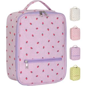 Strawberry Lunch Bag for Women,Cute Reusable Tote Handbags Corduroy Box, Leakproof Thermal Cooler Large Capacity Lunchbox for Work Travel Picnic