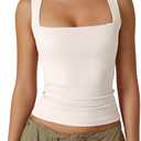 QINSEN Women's Square Neck Sleeveless Double-Layer Tank Tops Basic Tight T Shirts (Large, Beige)