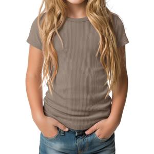 Oakgarden Girls' Short Sleeve Shirts Crew Neck Ribbed Knit Tops Casual Basic Slim Fitted Tees Summer Fashion Soft T Shirts (Beige)