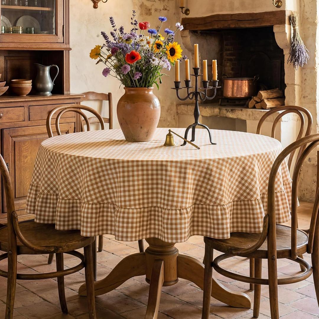 Mindsoft Brown Gingham Ruffled Tablecloth 70 x 70 Inches Round Cotton Linen Checkered Table Cloth Buffalo Plaid Farmhouse Vintage Decorative Tablecover for Picnic Kitchen Dining Room Home Party