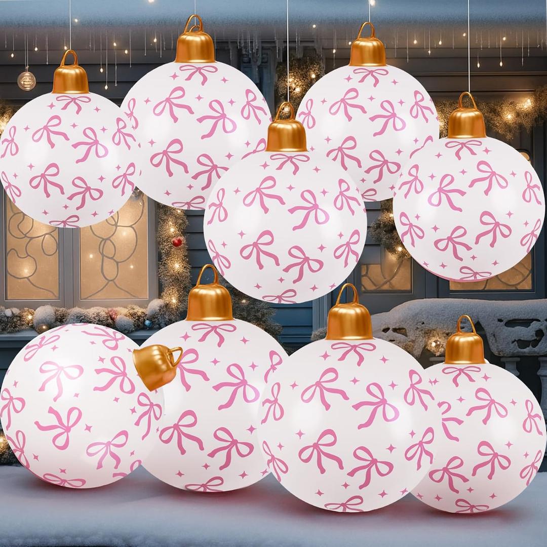 Jetec 6 Pcs Pink Bow Inflatable Christmas Ball Ornaments Giant 24 Inch PVC Xmas Blow up Balls Inflatable Decorated Ball for Holiday Christmas Yard Lawn Tree Indoor Outdoor Decorations