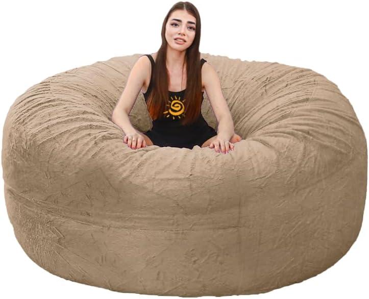 Giant Bean Bag Chair Cover(No Filler),Oversized Round Soft Fluffy PV Velvet Washable Lazy Sofa Bean Bag Bed Cover for Adults, Living Room Bedroom Furniture Outside Cover (Black, 5FT)