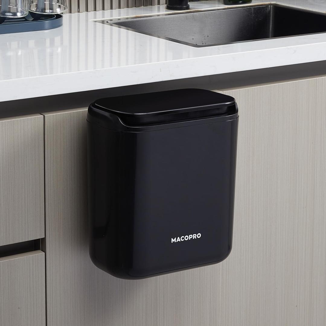 Compost Bin Hanging Trash Can with Lid Under Sink for Kitchen, Food Waste Bin for Countertop with Lid, Mountable Garbage Can for Bathroom, RV, 8L/2.6Gal (Black)