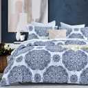 Y-PLWOMEN Blue Duvet Cover Queen - 100% Cotton, Damask Printed, Soft & Breathable, 90"x90", 3PCS (1 Duvet Cover, 2 Pillowshams), Queen Size