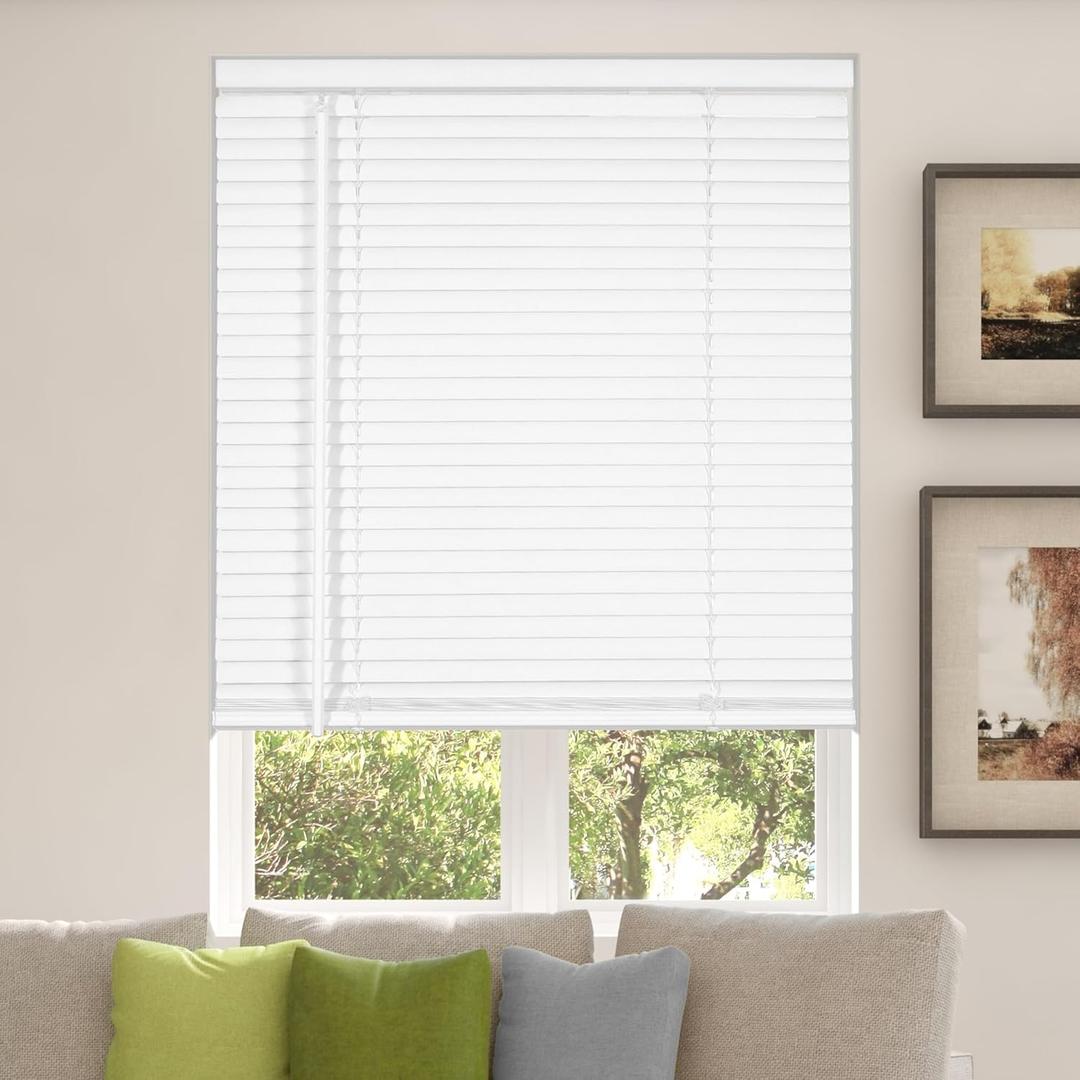 CALYX INTERIORS Room Darkening Vinyl Mini Blinds, Cordless, 1" Slat, 34" W x 60" H, White. Inside Mount in Windows 34.25 and Greater; Indoor Window Shades