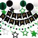 meowtastic Birthday Decorations, Happy Birthday Banner with Honeycomb Balls, Star Hanging Swirl Streamer, Circle Dot Garland, Happy Birthday Party Decorations for Women Men Boys Girls (Green & Black)
