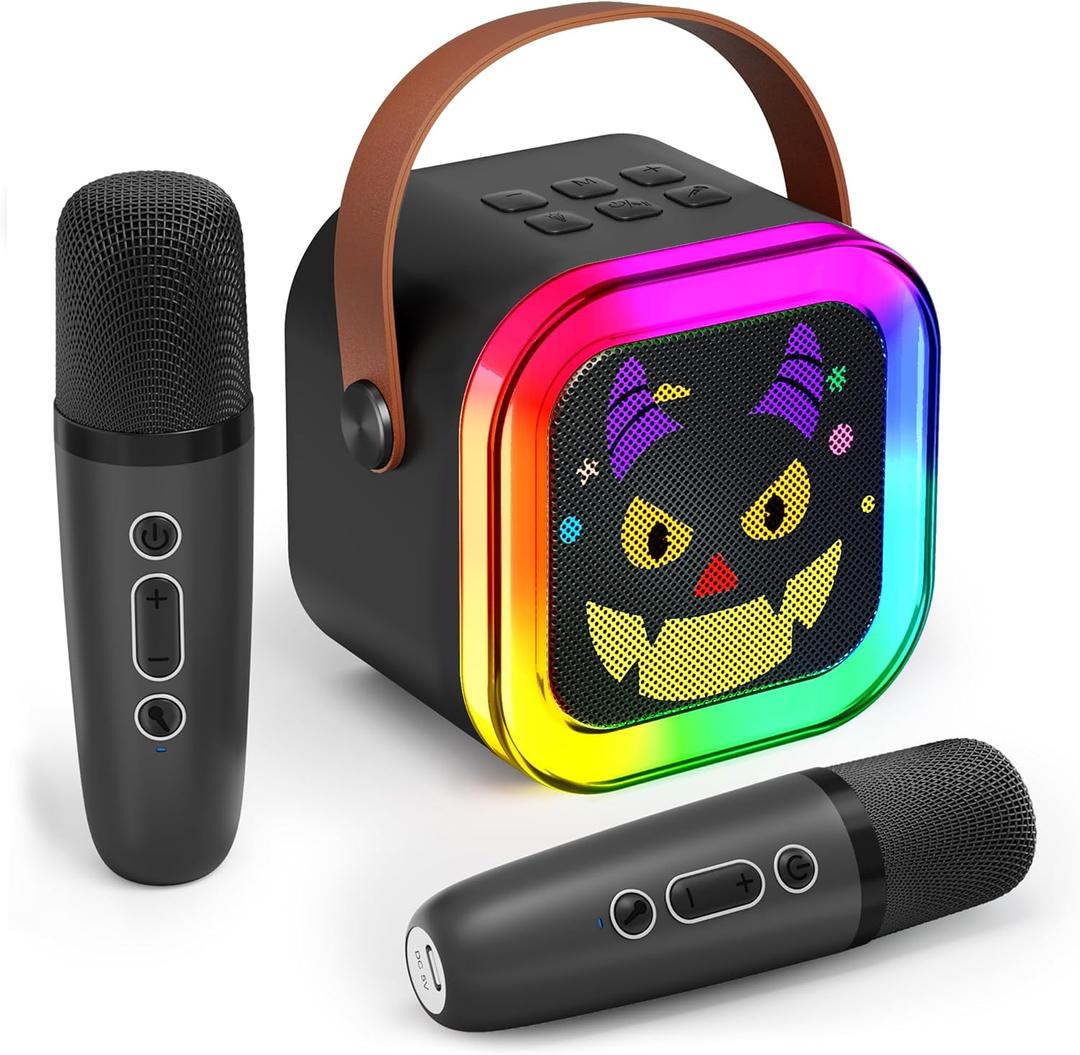 Mini Karaoke Machine with 2 Wireless Microphone for Kids Girls & Boys - Portable Bluetooth Speaker Kids Gifts for Girls Ages 4-12 Year Old Black Monster Style