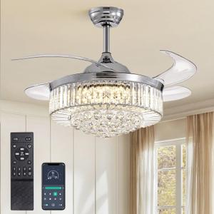 Modern 42 Inches Dimmable Fandelier Crystal Retractable Ceiling Fans with Light and Remote, Invisible LED Crystal Chandelier Fan for Bedroom-Polished Chrome