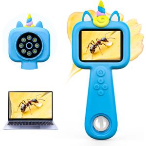 600X Handheld Microscope for Kids, 2.4'' Rechargeable Mini Pocket Digital Microscope Outdoor Toys, Portable Microscopes for Kids 4-8 8-12, Christmas Birthday Gifts for Boys Girls (Blue)