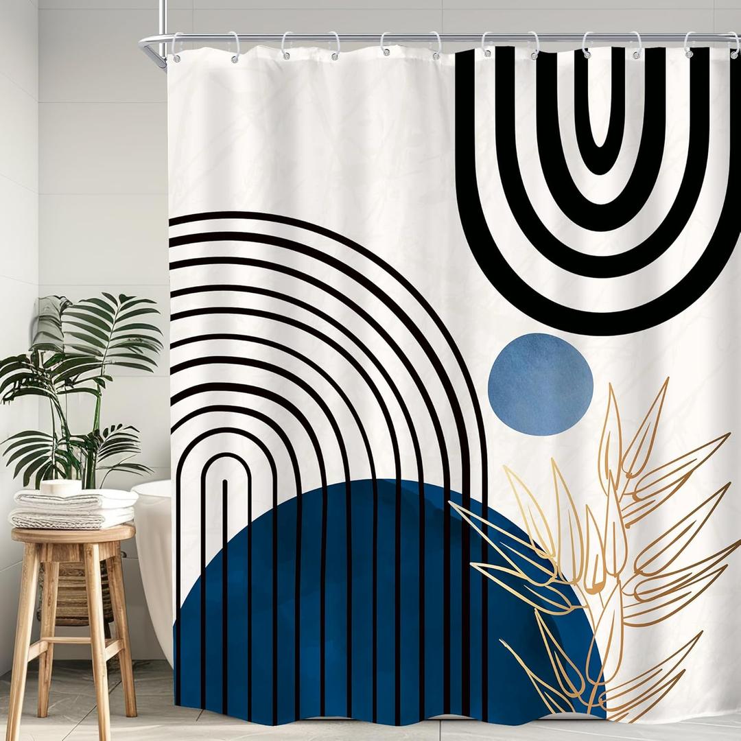 KOMLLEX Abstract Boho Shower Curtain for Bathroom Decor 60Wx72H Modern Blue Black Neutral Men Shower Curtain Chic Leaves Mid Century Simple Minimalist Fabric Waterproof Polyester 12 Pack Hooks