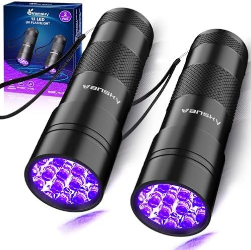 Black Light UV Light Flashlight: Vansky 395nm 12 LED 2 Pack Ultraviolet Blacklight Flashlight Mini Powerful Pet Urine Detector for Dog/Cat, Carpet Dry Stains Detection, Spot Scorpions, Resin Curing