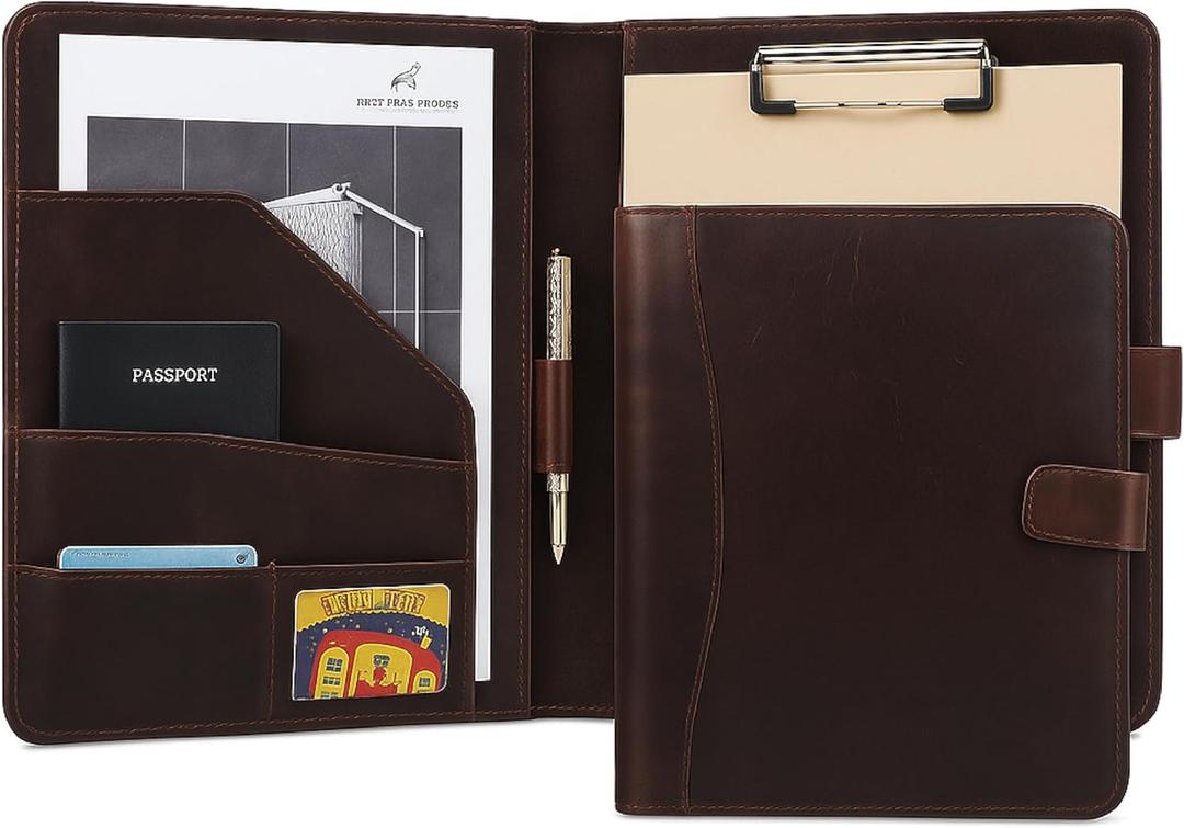 Leather Portfolio Genuine Full-Grain Leather Professional Clipboard with Pen Loop, A4/Letter Notepad Holder with Card Slots Interview File Business Padfolio | Luxury Gift for Men & Women