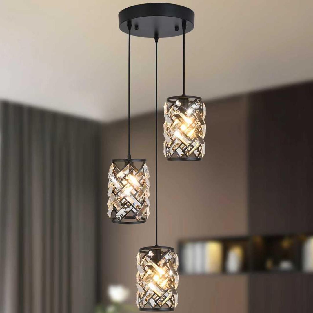 Black Crystal Pendant Lights Kitchen Island, Adjustable Hanging Chandelier with Ambient Lighting, E12 Base, Plated Modern Farmhouse Fixture for Dining Room, Bedroom, Living Room