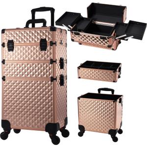 Frenessa Rolling Makeup Train Case 3 in 1 Professional Cosmetic Trolley Large Storage with keys Swivel Wheels Salon Barber Case Traveling Cart Trunk for Make Up Nail Tech - Vintage Rose Gold