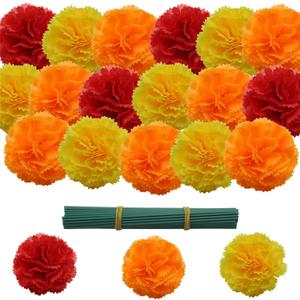 Artificial Marigold Flowers, 100Pcs Fake Marigolds, Silk Cempasuchil Flowers for Day of The Dead, Diwali, Dia De Los Muertos Decoration, Halloween, Ofrenda Decor (Orange, Yellow, Red, 100Pcs)