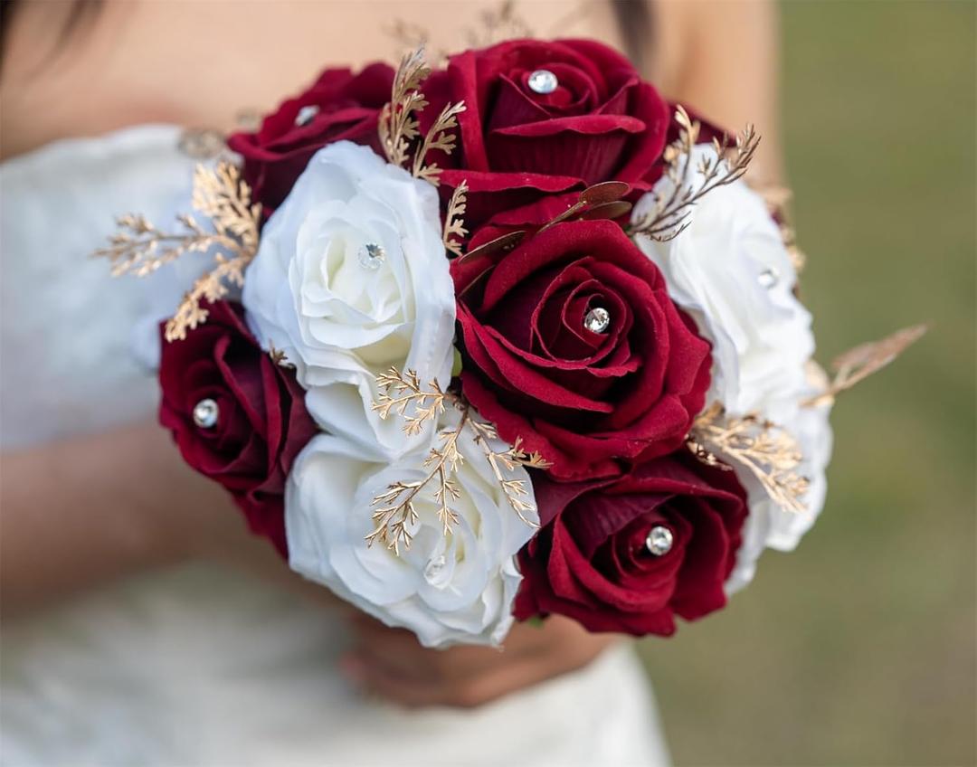 White Burgundy Rose Wedding Bouquets for Bride Bridesmaid Artificial Flowers Bridal Wedding Tossing Bouquets for Wedding Church Bridal Shower Ceremony Anniversary (White + Wine Red Rose)