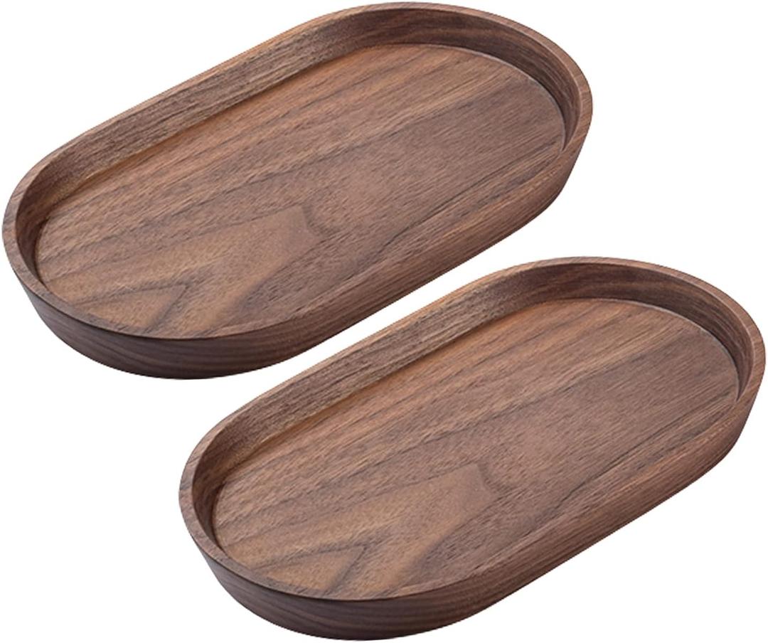 Vandroop Mini Serving Trays for Parties, Small Decorative Tray for Tea＆Coffee, Oval Wooden Plates for Serving Food for Appetizer＆Vegetables for Bathroom 7.8"×4.6" (Walnut, Set of 2)