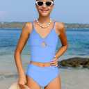 Girls Swimsuit Color Block Girls Bathing Suit Twist Tankini Set Two Piece Girl Swimwear Bikini Set for 9-16 Years