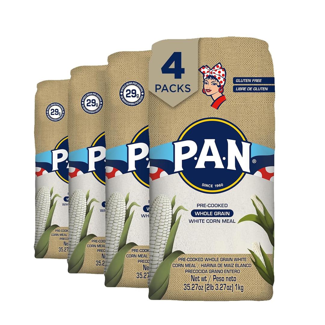 P.A.N. Whole Grain White Corn Meal – Pre-cooked Gluten Free and Kosher Flour for Arepas (2.2 lb/Pack of 4)