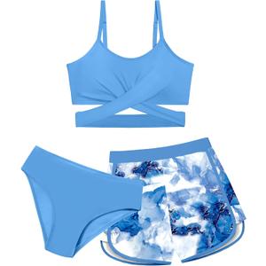 Girls Swimsuit 3 Piece Bathing Suit Criss Cross Bikini Set Girls' Swimwear with Shorts 7-16T (7-8 Years, Blue)