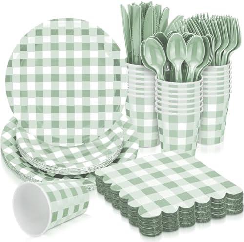 Newtay Gingham Party Supplies for Guests Paper Plates Knives Spoons Forks Napkins Disposable Set Cutlery for Checkered Dinner Wedding Party Favor(Sage Green) 